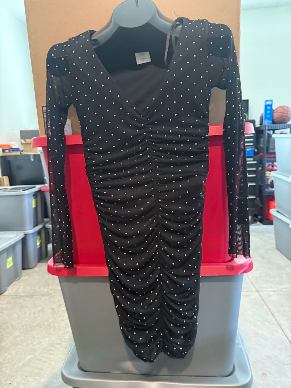 Black Ruched Long-Sleeve Dress with Silver Studs m63